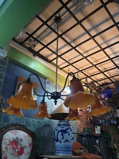 Hanging lamp 6 arm brass with glass Item Code HGL6RY size wide 76 cm. high 1 M.total. Hanging lamp 6 arm brass with glass Item Code HGL6RY size wide 76 cm. high 1 M.total.