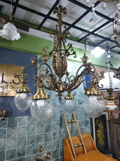 Hanging Lamp brass with cut glass 6 arm Item Code AT365 size W 76 cm glass 11 cm. L 94 cm Hanging Lamp brass with cut glass 6 arm Item Code AT365 size W 76 cm glass 11 cm. L 94 cm