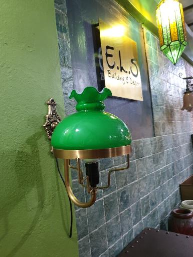 Brass Wall Lamp brass with green glass Item CodeWLD8G size base 77mm.L 180 mm.pipe 12 mm glass 8'' Brass Wall Lamp brass with green glass Item CodeWLD8G size base 77mm.L 180 mm.pipe 12 mm glass 8''