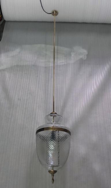 Hanging Lamp brass with cut glass Item Code HL100B glass 9'' Long total 4 m. Hanging Lamp brass with cut glass Item Code HL100B glass 9'' Long total 4 m.